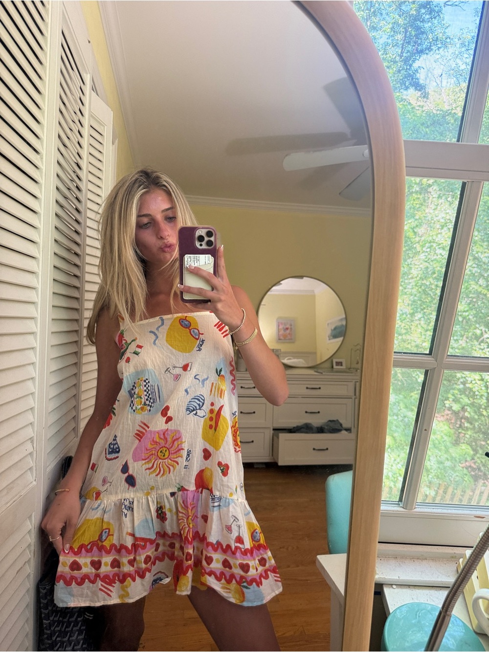White Sundress with Colorful Sun & Seashell Print